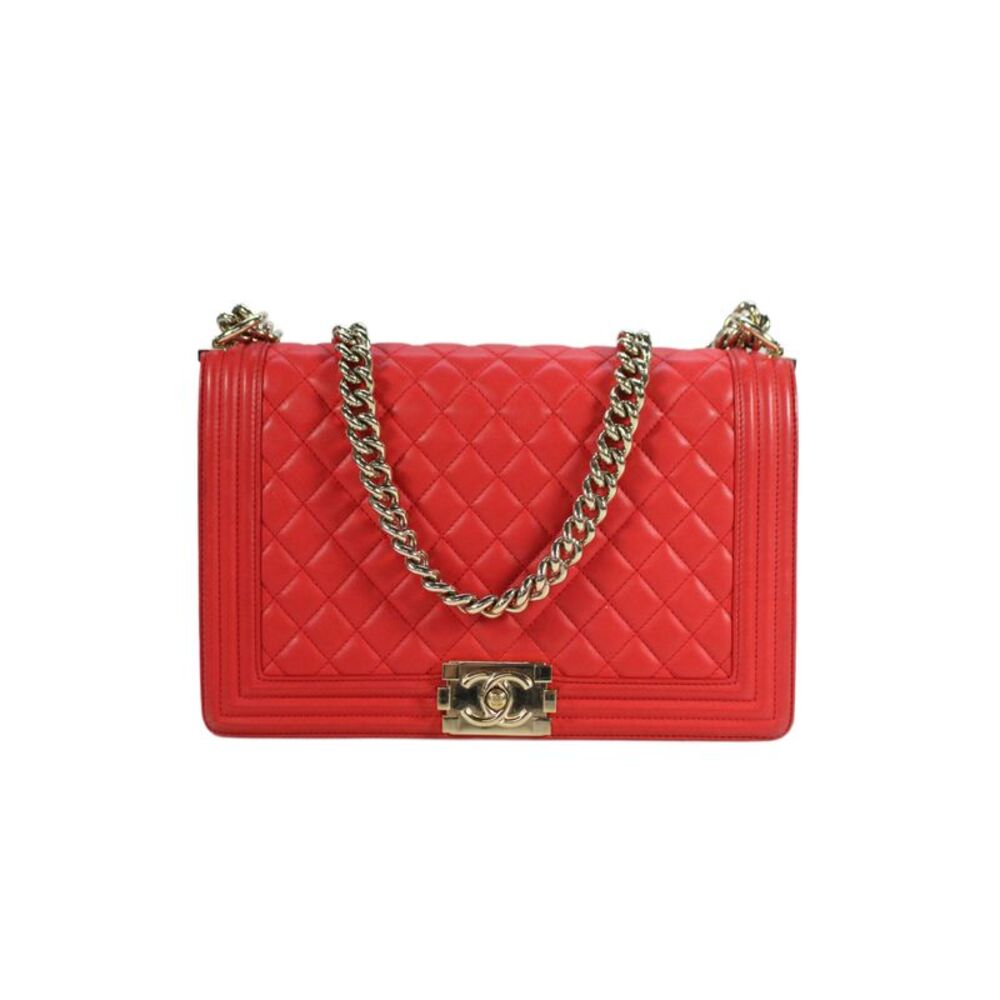 Chanel Womens Chain Strap Quilted Lambskin CC Flap Boy Bag Handbag Red